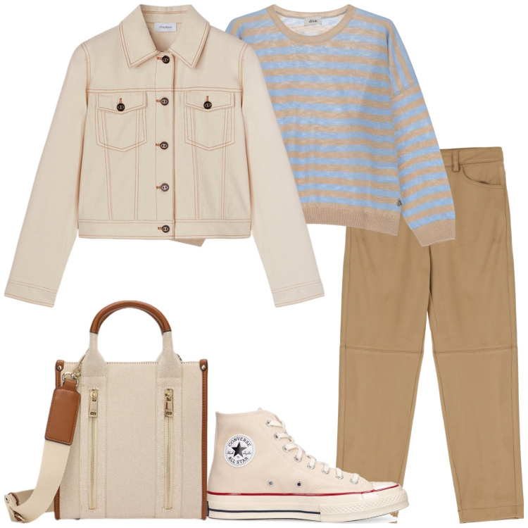 Outfit donna - Pasquetta in libertà. Stile Casual per Tutti i giorni. Abbinamento con pantaloni chino, maglieria, sneakers, blazer, borse tote.