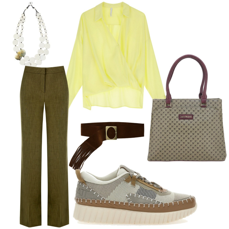 Outfit donna - Accessori primaverili. Stile Casual chic per Ufficio. Abbinamento con cinture, pantaloni a palazzo, bluse, sneakers, borse a spalla, ciondoli.