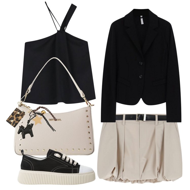 Outfit donna - In città con la minigonna. Stile Preppy per Ufficio. Abbinamento con sneakers, minigonne, blazer, top, borse a spalla, portachiavi.