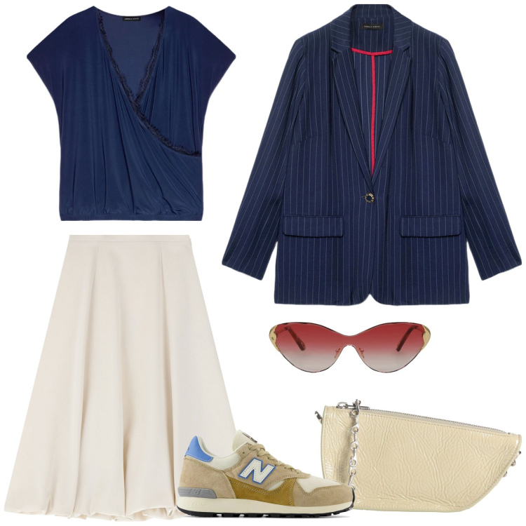 Outfit donna - Occhiali da vamp. Stile Casual chic per Ufficio. Abbinamento con borse a tracolla, occhiali da sole, sneakers, gonne longuette, blazer, bluse.