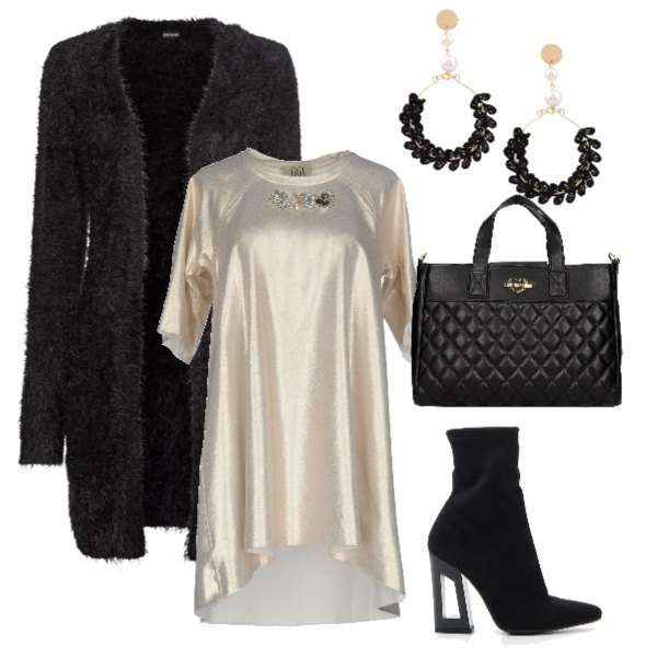 Outfit donna - Trendy #28783. Stile Trendy Abbinamento con cardigans, vestito corto, orecchini, borsa a mano con logo frontale nero, stivaletti a trapezio effetto scamosciato elasticizzato nero.