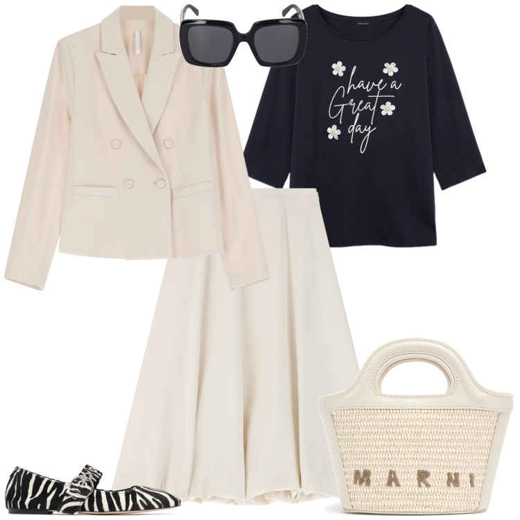 Outfit donna - Total look #2112720. Stile Vintage retrò per Tutti i giorni. Abbinamento con gonne longuette, blazer, occhiali da sole, borse a mano, t-shirt, ballerine.