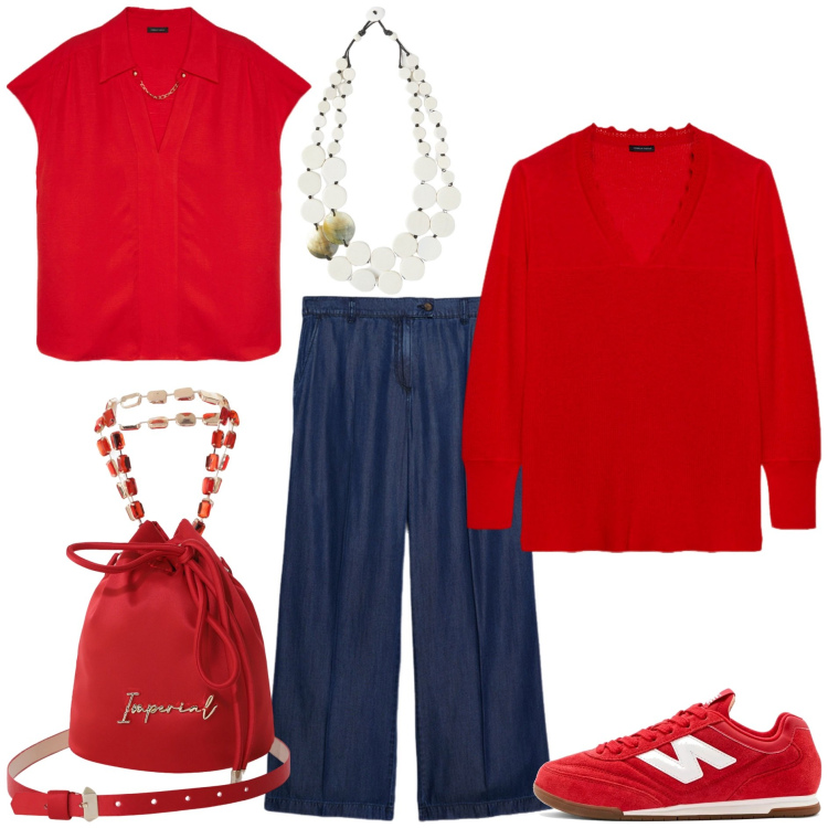 Outfit donna - Accessori statement. Stile Trendy per Tutti i giorni. Abbinamento con sneakers, borse a secchiello, jeans, maglieria, bluse, ciondoli.