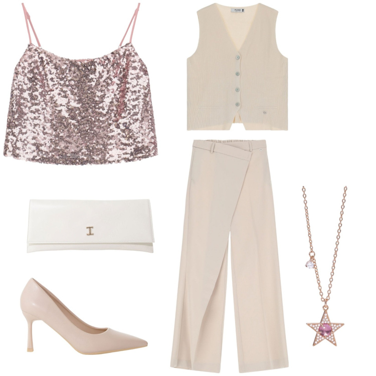 Outfit donna - Total look #2112728. Stile Chic per Serata fuori. Abbinamento con collane, pantaloni, gilet, top, décolleté, pochette.