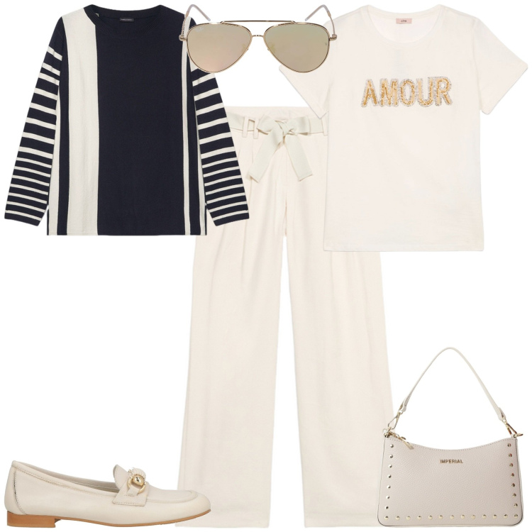 Outfit donna - Total look #2112742. Stile Trendy per Tutti i giorni. Abbinamento con mocassini, borse a spalla, maglieria, occhiali da sole, pantaloni a palazzo, t-shirt.