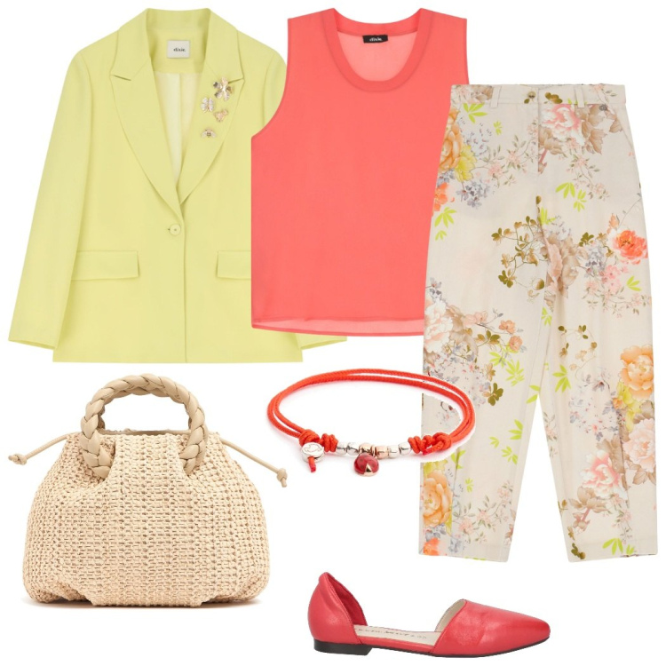 Outfit donna - In primavera. Stile Casual chic per Tutti i giorni. Abbinamento con ballerine, pantaloni chino, top, blazer, borse a mano, braccialetti.