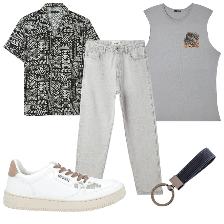 Outfit uomo - Total look #2112755. Stile Trendy per Tutti i giorni. Abbinamento con sneakers, canottiere, jeans, camicie a manica corta, portachiavi.