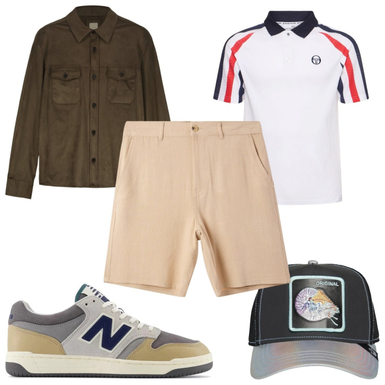 Outfit uomo - Total look #2112761. Stile Trendy per Tutti i giorni. Abbinamento con pantaloni corti, sneakers, giacche, cappelli con visiera, polo.