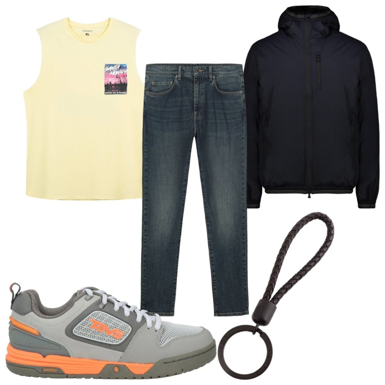 Outfit uomo - Total look #2112763. Stile Trendy per Tutti i giorni. Abbinamento con sneakers, canottiere, giacche, jeans, portachiavi.