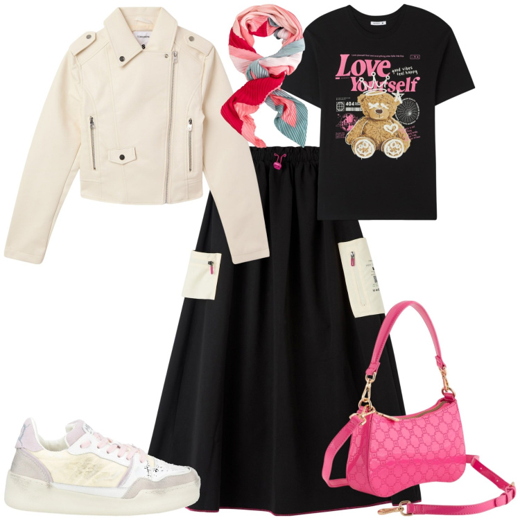 Outfit donna - Total look #2112765. Stile Urban per Tutti i giorni. Abbinamento con sneakers, giacche, gonne lunghe, t-shirt, borse a tracolla, foulard.