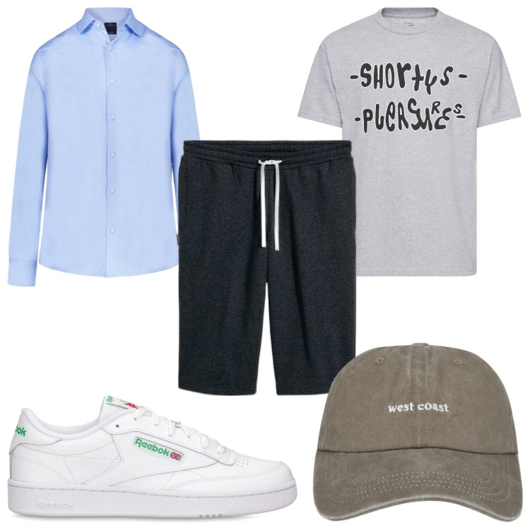 Outfit uomo - Total look #2112768. Stile Trendy per Tutti i giorni. Abbinamento con bermuda, cappelli, camicie, t-shirt, sneakers.