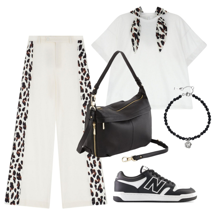 Outfit donna - Maculato. Stile Sporty chic per Ufficio. Abbinamento con braccialetti, sneakers, pantaloni a palazzo, t-shirt, borse a tracolla.