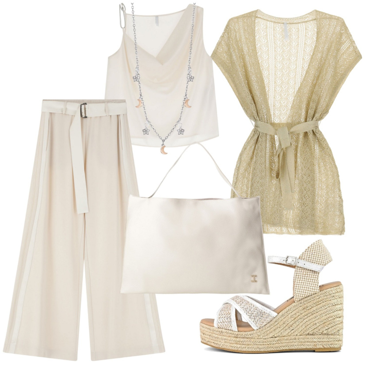 Outfit donna - Gradazioni di bianco. Stile Minimal per Ufficio. Abbinamento con collane, cappotti, pantaloni, top, borse a spalla, zeppe.