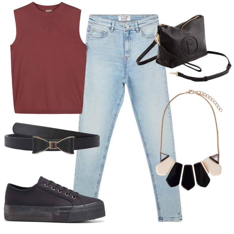 Outfit donna - Jeans comodi. Stile Basic per Tutti i giorni. Abbinamento con sneakers, jeans skinny, cinture, collane, valigie, maglieria.