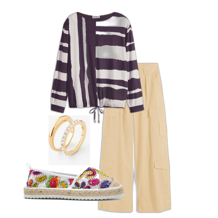 Outfit donna - Total look #2112801. Stile Casual chic per Tutti i giorni. Abbinamento con espadrillas, maglieria, pantaloni cargo, anelli.