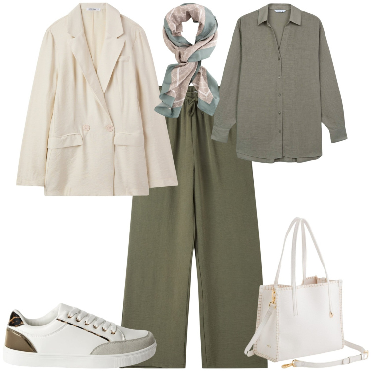 Outfit donna - Week end ufficio. Stile Trendy per Ufficio. Abbinamento con pantaloni, camicie, blazer, sneakers, foulard, borse a mano.