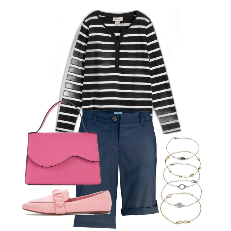 Outfit donna - Total look #2112805. Stile Casual chic per Tutti i giorni. Abbinamento con bermuda, braccialetti con ciondoli, mocassini, maglieria, borse a tracolla.