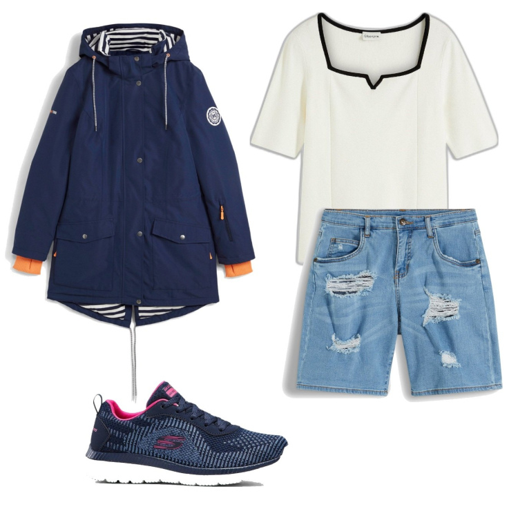 Outfit donna - Total look #2112809. Stile Casual per Tutti i giorni. Abbinamento con blazer, t-shirt, shorts, sneakers.
