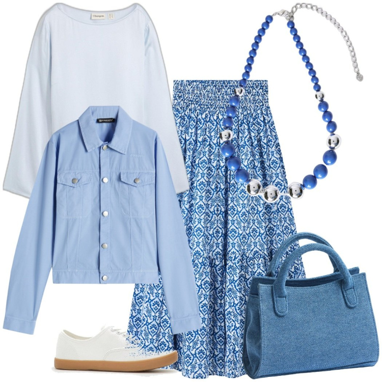Outfit donna - Maxi gonna. Stile Romantica per Tutti i giorni. Abbinamento con bluse, sneakers, gonne lunghe, borse a tracolla, blazer, collane.