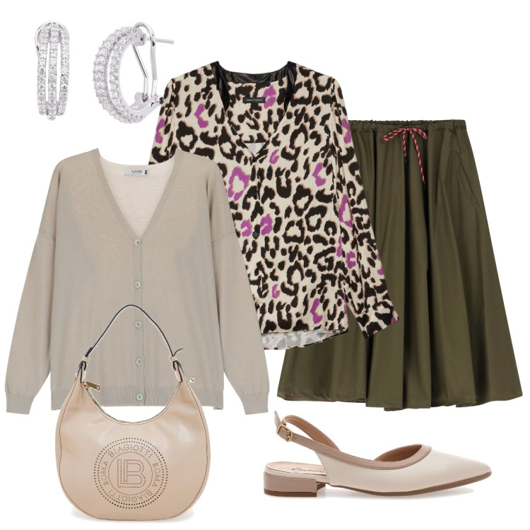 Outfit donna - Total look #2112813. Stile Bon Ton per Ufficio. Abbinamento con orecchini, cardigans, gonne longuette, ballerine, camicie, borse a spalla.