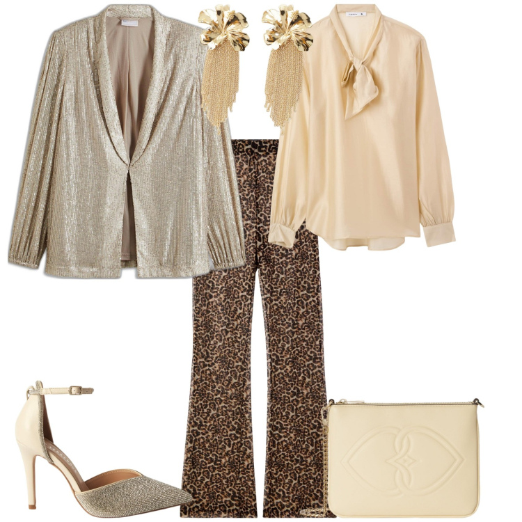 Outfit donna - Serata evento glamour cerimonia. Stile Glamour per Serata fuori. Abbinamento con blazer, pantaloni, bluse, décolleté, orecchini, pochette.