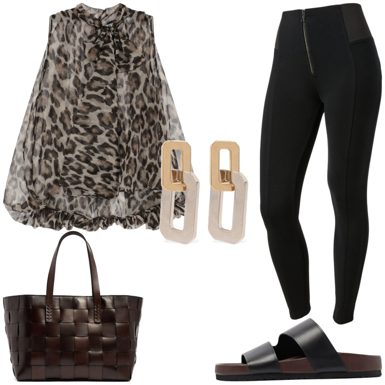 Outfit donna - Total look #2112818. Stile Glamour per Tutti i giorni. Abbinamento con camicie, pantaloni skinny, orecchini, shopping bag, sandali in pelle.