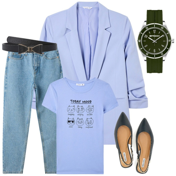 Outfit donna - Blazer a tre quarti. Stile Casual chic per Tutti i giorni. Abbinamento con t-shirt, jeans mom, blazer, cinture, orologi, ballerine.