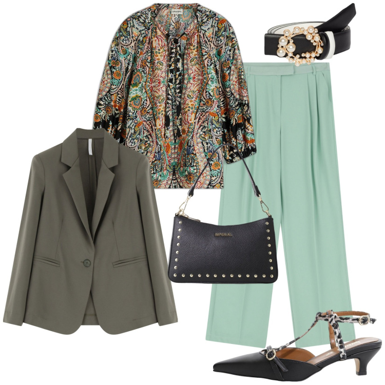 Outfit donna - Total look #2112831. Stile Casual chic per Serata fuori. Abbinamento con bluse, décolleté, pantaloni, borse a spalla, blazer, cinture.
