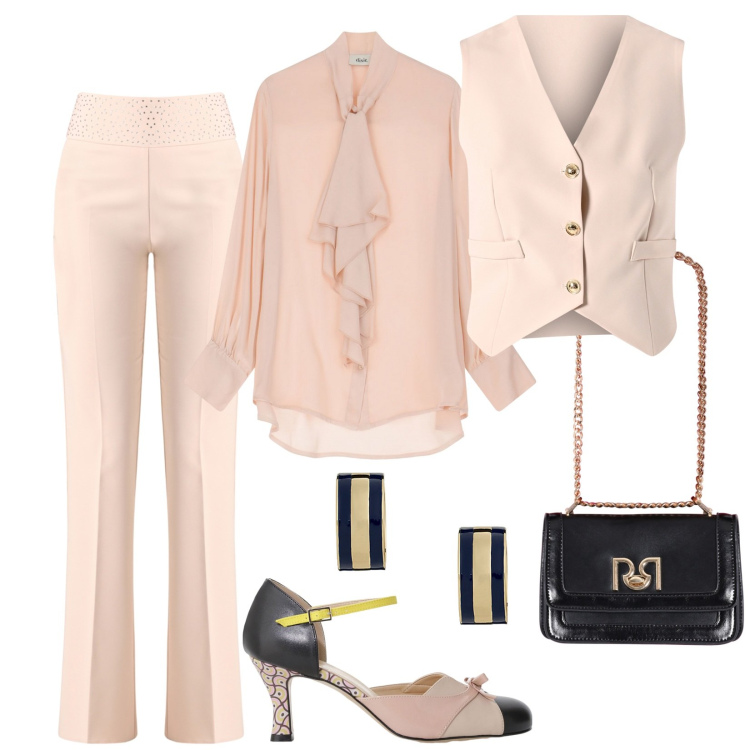 Outfit donna - Total look #2112836. Stile Chic per Serata fuori. Abbinamento con bluse, décolleté, gilet, pantaloni, borse a tracolla, orecchini.