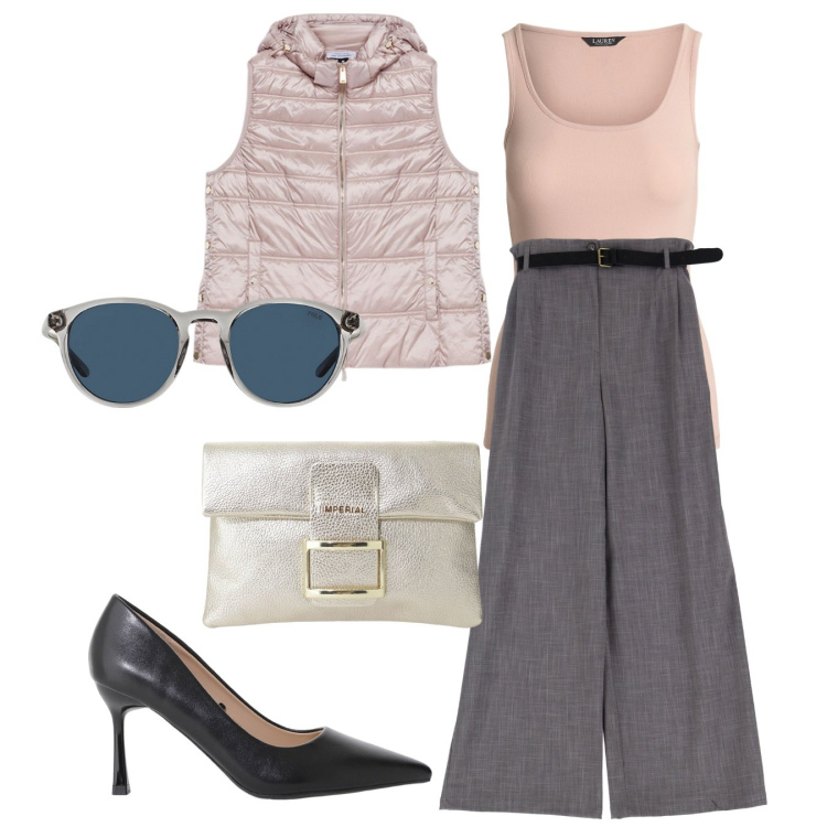 Outfit donna - Total look #2112838. Stile Chic per Serata fuori. Abbinamento con pantaloni, décolleté, pochette, occhiali da sole, canottiere, piumini.