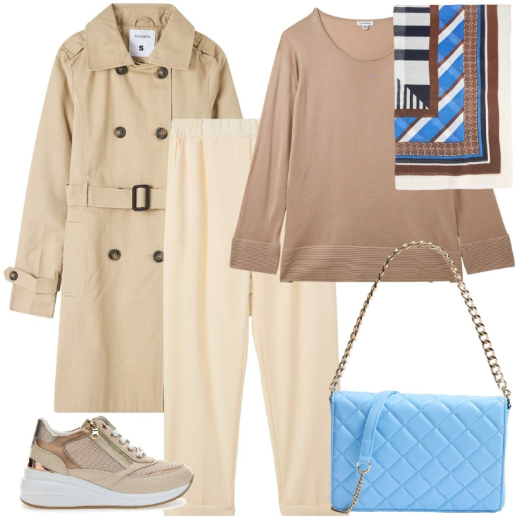 Outfit donna - Giornate primaverili. Stile Casual chic per Tutti i giorni. Abbinamento con pantaloni chino, trench, maglieria, borse a tracolla, sneakers, foulard.