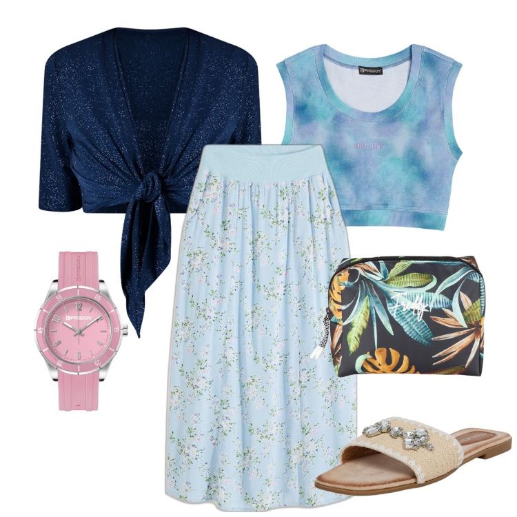Outfit donna - Total look #2112843. Stile 70s per Mare. Abbinamento con gonne lunghe, ciabatte, bolero, top, orologi, valigie.