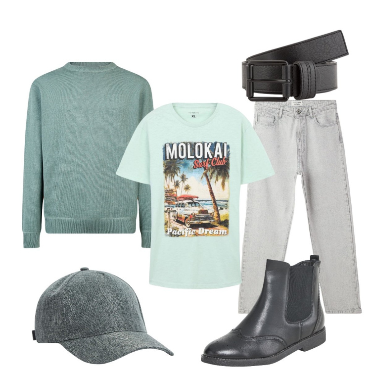 Outfit uomo - Total look #2112847. Stile Casual per Tutti i giorni. Abbinamento con cappelli, stivali e stivaletti, jeans, t-shirt, maglieria, cinture.