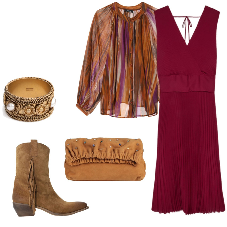 Outfit donna - Bordeaux. Stile Boho per Serata fuori. Abbinamento con borse a mano, stivali, camicie, vestiti lunghi, braccialetti.