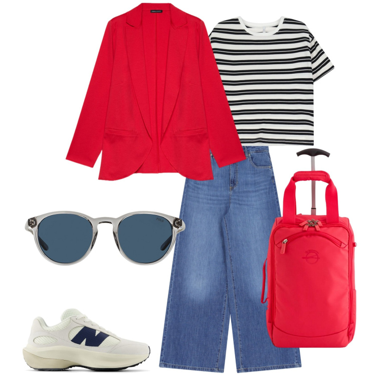 Outfit donna - Andata e ritorno in aereo. Stile Casual chic per Tutti i giorni. Abbinamento con sneakers, t-shirt, pantaloni a palazzo, occhiali da sole, blazer, valigie.
