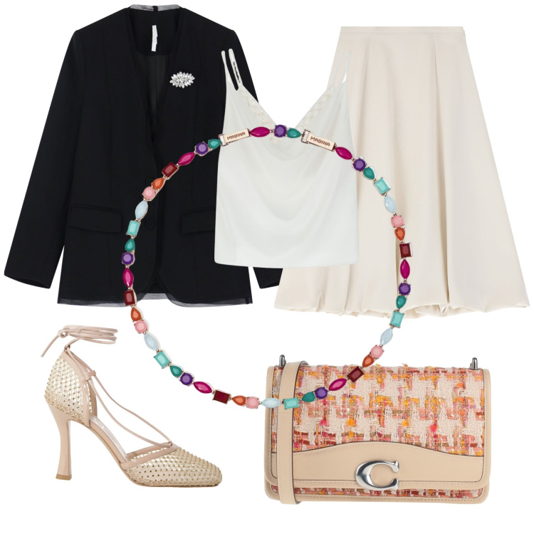 Outfit donna - Coloured. Stile Casual chic per Serata fuori. Abbinamento con borse a tracolla, collane, gonne longuette, canottiere, blazer, décolleté.