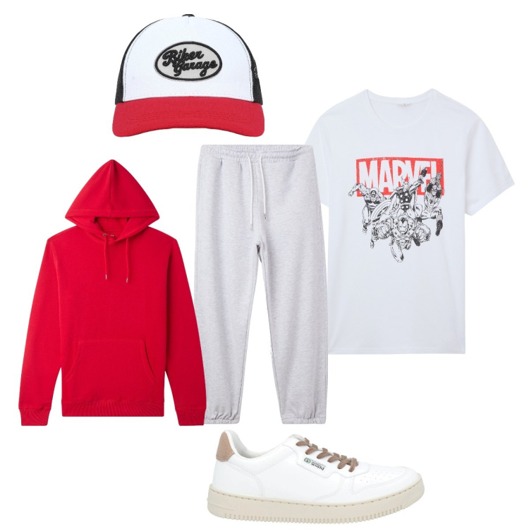 Outfit uomo - Dopo il lavoro… di corsa. Stile Casual per Tutti i giorni. Abbinamento con sneakers, t-shirt, felpe con cappuccio, cappelli con visiera, pantaloni.