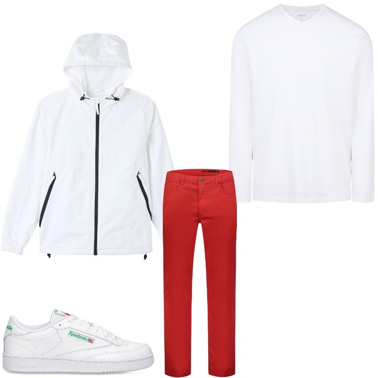Outfit uomo - Un tocco di rosso. Stile Casual per Tutti i giorni. Abbinamento con giacche, pantaloni, t-shirt, sneakers.