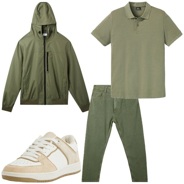 Outfit uomo - verde e sabbia. Stile Casual per Tutti i giorni. Abbinamento con polo, pantaloni, sneakers, giacche.
