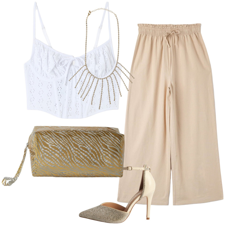Outfit donna - Miss Terranova. Stile Glamour per Serata fuori. Abbinamento con pantaloni, top, décolleté, collane, pochette.