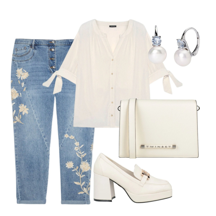Outfit donna - Sporty chic in ufficio. Stile Sporty chic per Ufficio. Abbinamento con mocassini, borse a tracolla, orecchini, camicie, jeans.