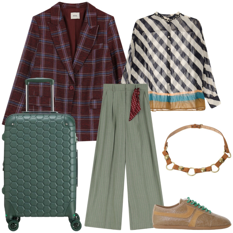 Outfit donna - Viaggio di lavoro in Dixie e Carpisa. Stile Urban per Ufficio. Abbinamento con blazer, sneakers, cinture, pantaloni a palazzo, camicie, valigie.