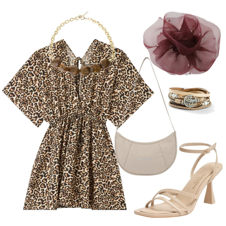 Outfit donna - Selvaggia. Stile Romantica per Serata fuori. Abbinamento con braccialetti, caftani, sandali col tacco, borse a spalla, collane, foulard.