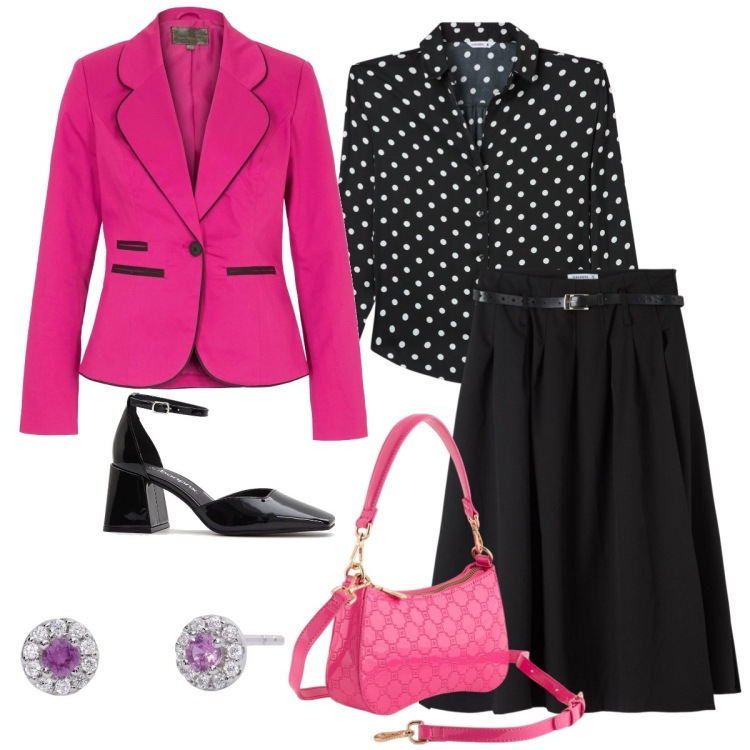 Outfit donna - Pois. Stile Chic per Ufficio. Abbinamento con blazer, décolleté, camicie, gonne lunghe, orecchini, borse a tracolla.