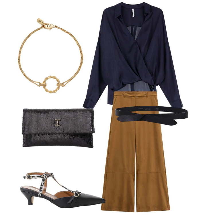 Outfit donna - animalier. Stile Chic per Ufficio. Abbinamento con décolleté, borse a tracolla, bluse, pantaloni a palazzo, cinture, braccialetti.