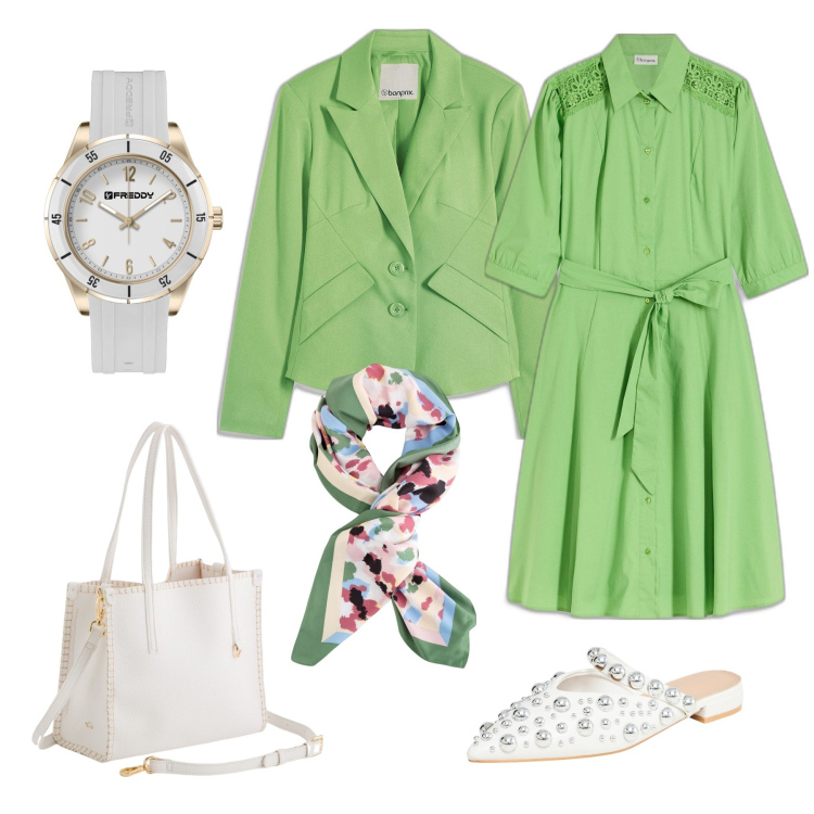 Outfit donna - Verde pistacchio. Stile Chic per Serata fuori. Abbinamento con vestiti chemisier, blazer, ballerine, orologi, foulard, borse a mano.