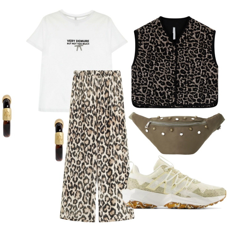 Outfit donna - Animalier. Stile Casual per Ufficio. Abbinamento con sneakers, t-shirt, pantaloni a palazzo, gilet, marsupi, orecchini.