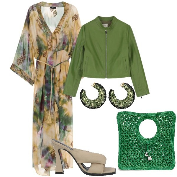 Outfit donna - Colori di Aprile. Stile Glamour per Serata fuori. Abbinamento con sandali in pelle, giacche, vestiti lunghi, orecchini, shopping bag.