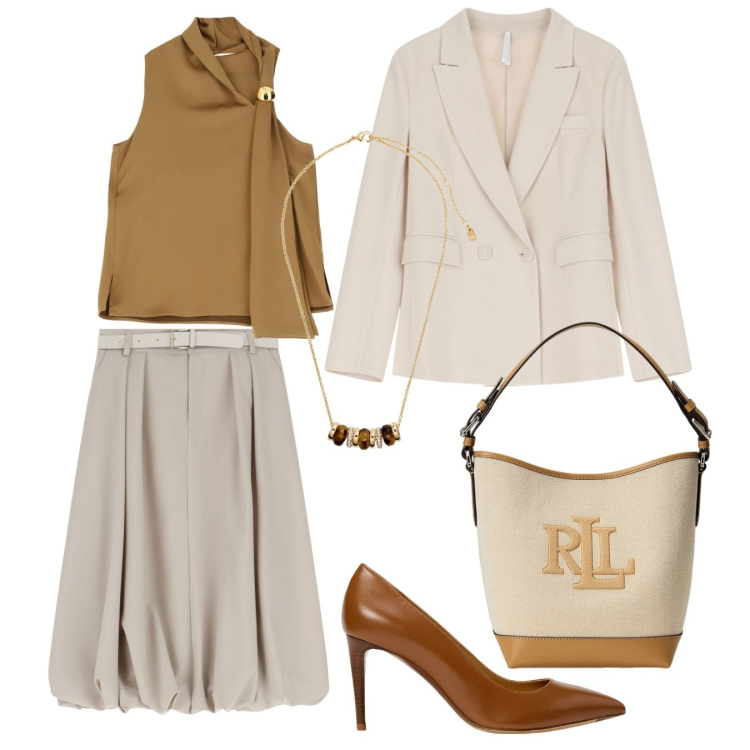 Outfit donna - Total look #2112912. Stile Chic per Ufficio. Abbinamento con gonne longuette, top, blazer, collane, décolleté, borse a secchiello.