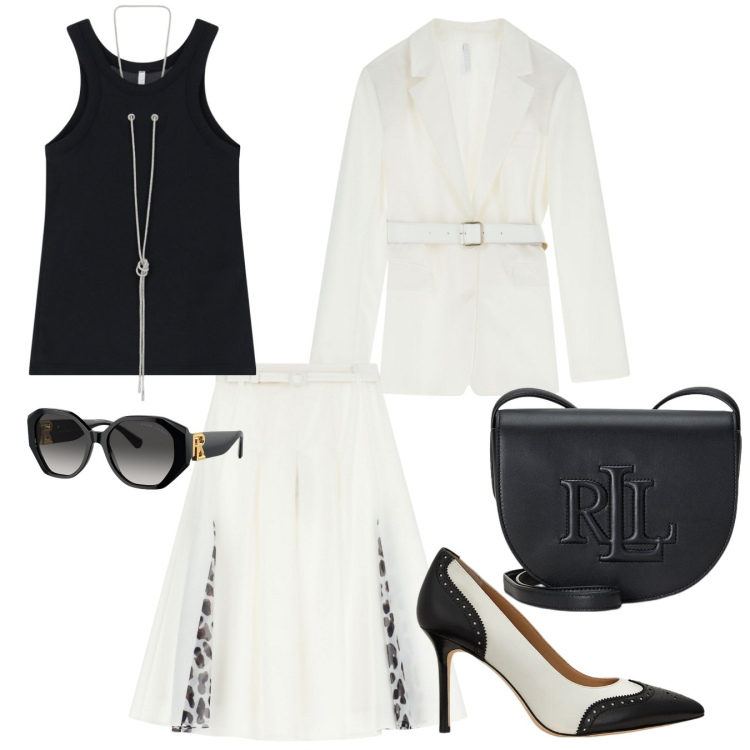 Outfit donna - Femme. Stile Chic per Ufficio. Abbinamento con gonne, top, blazer, borse a tracolla, décolleté, occhiali da sole.